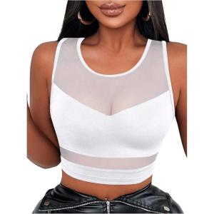 imageWomens Sheer Mesh Sleeveless Tank Top Slim Fit Crew Neck Crop Tops Party Club TopsWhite