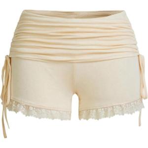 imageWomens Side Drawstring Lace Ruffle Shorts Y2K Ruched Low Rise Mini Stretchy Slim Fit Micro ShortsApricot