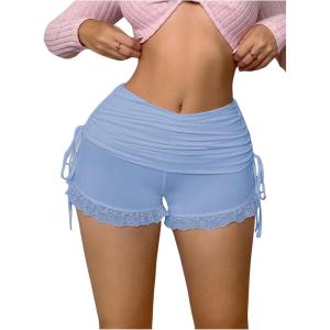 imageWomens Side Drawstring Lace Ruffle Shorts Y2K Ruched Low Rise Mini Stretchy Slim Fit Micro ShortsLight Blue