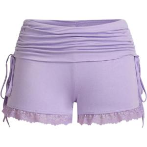 imageWomens Side Drawstring Lace Ruffle Shorts Y2K Ruched Low Rise Mini Stretchy Slim Fit Micro ShortsMauve Purple