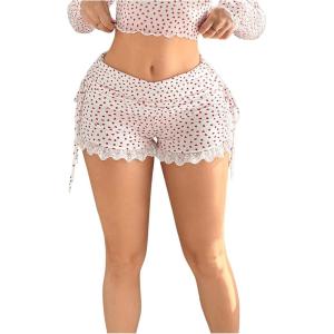 imageWomens Side Drawstring Lace Ruffle Shorts Y2K Ruched Low Rise Mini Stretchy Slim Fit Micro ShortsRed and White