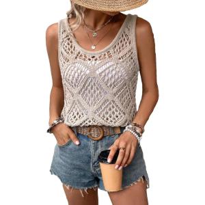 imageWomens Sleeveless Crochet Tank Top Knitted Sweater Vest Hollow Out Scoop Neck Tops Boho Cover Up PulloverApricot