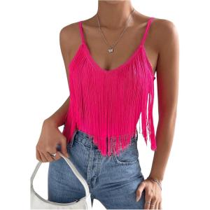 imageWomens Sleeveless Fringe Camisole Tops V Neck Spaghetti Strap Summer Cami ShirtsHot Pink
