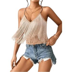 imageWomens Sleeveless Fringe Camisole Tops V Neck Spaghetti Strap Summer Cami ShirtsKhaki
