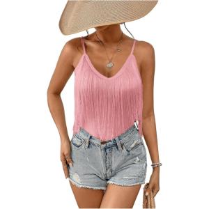 imageWomens Sleeveless Fringe Camisole Tops V Neck Spaghetti Strap Summer Cami ShirtsPure Pink