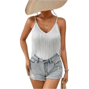 imageWomens Sleeveless Fringe Camisole Tops V Neck Spaghetti Strap Summer Cami ShirtsWhite