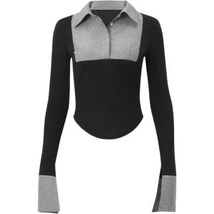 imageWomens Striped Button Front Collared Blouse Shirts Long Sleeve Slim Fit Asymmetrical Hem Work TopsBlack