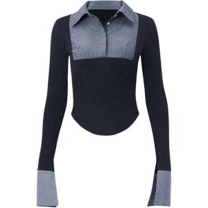 imageWomens Striped Button Front Collared Blouse Shirts Long Sleeve Slim Fit Asymmetrical Hem Work TopsDark Blue