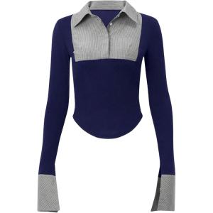 imageWomens Striped Button Front Collared Blouse Shirts Long Sleeve Slim Fit Asymmetrical Hem Work TopsDeep Blue