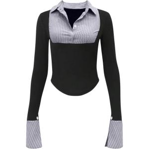 imageWomens Striped Button Front Collared Blouse Shirts Long Sleeve Slim Fit Asymmetrical Hem Work TopsDusty Purple