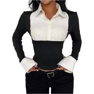 imageWomens Striped Button Front Collared Blouse Shirts Long Sleeve Slim Fit Asymmetrical Hem Work TopsLight Yellow