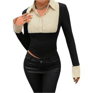 imageWomens Striped Button Front Collared Blouse Shirts Long Sleeve Slim Fit Asymmetrical Hem Work TopsYellow