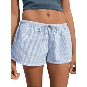 imageWomens Striped Print Drawstring Elastic Waist Shorts Casual Wide Leg Low Rise Summer Boxer ShortsBlue and White