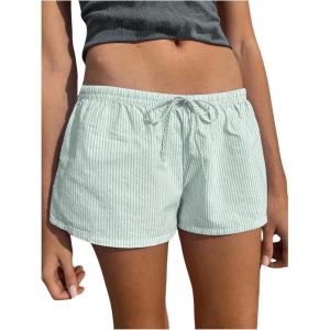imageWomens Striped Print Drawstring Elastic Waist Shorts Casual Wide Leg Low Rise Summer Boxer ShortsGreen
