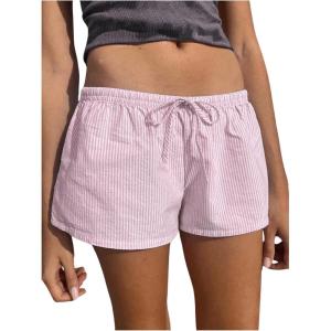 imageWomens Striped Print Drawstring Elastic Waist Shorts Casual Wide Leg Low Rise Summer Boxer ShortsLight Pink