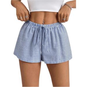 imageWomens Striped Print Drawstring Elastic Waist Shorts Casual Wide Leg Low Rise Summer Boxer ShortsStriped White and Blue