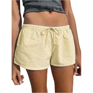 imageWomens Striped Print Drawstring Elastic Waist Shorts Casual Wide Leg Low Rise Summer Boxer ShortsYellow