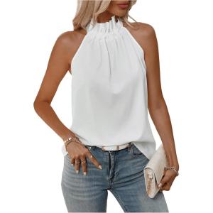 imageWomens Summer Halter Tops Tie Back Frill Sleeveless Casual Blouses for Women Dressy Work ShirtsWhite