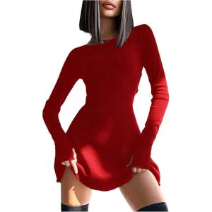 imageWomens Tie Back Knit Bodycon Mini Dress Long Sleeve Crew Neck Lettuce Trim Fall T Shirt DressesRed