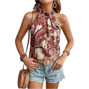 imageWomens Tropical Paisley Print Halter Blouse Sleeveless Boho Shirt Tops Button Back Vacation TopsApricot
