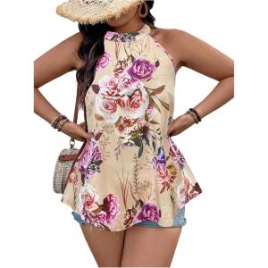 imageWomens Tropical Paisley Print Halter Blouse Sleeveless Boho Shirt Tops Button Back Vacation TopsBeige Floral