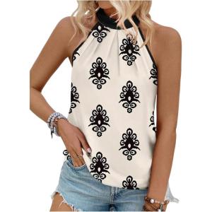 imageWomens Tropical Paisley Print Halter Blouse Sleeveless Boho Shirt Tops Button Back Vacation TopsBlack Apricot