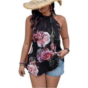 imageWomens Tropical Paisley Print Halter Blouse Sleeveless Boho Shirt Tops Button Back Vacation TopsBlack Floral