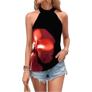 imageWomens Tropical Paisley Print Halter Blouse Sleeveless Boho Shirt Tops Button Back Vacation TopsBlack and Red
