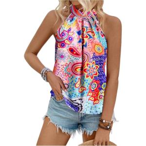 imageWomens Tropical Paisley Print Halter Blouse Sleeveless Boho Shirt Tops Button Back Vacation TopsBlue Pink