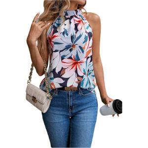 imageWomens Tropical Paisley Print Halter Blouse Sleeveless Boho Shirt Tops Button Back Vacation TopsBlue and Red