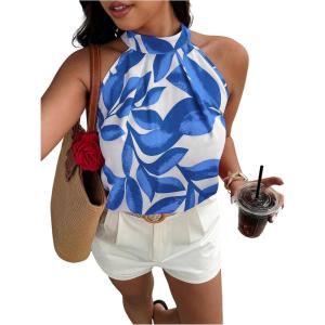 imageWomens Tropical Paisley Print Halter Blouse Sleeveless Boho Shirt Tops Button Back Vacation TopsBlue and White
