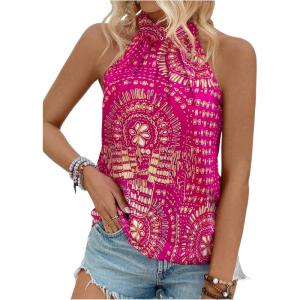 imageWomens Tropical Paisley Print Halter Blouse Sleeveless Boho Shirt Tops Button Back Vacation TopsDeep Pink