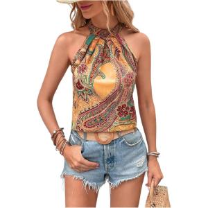 imageWomens Tropical Paisley Print Halter Blouse Sleeveless Boho Shirt Tops Button Back Vacation TopsDeep Yellow