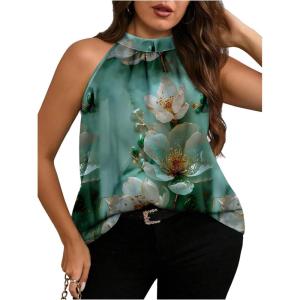 imageWomens Tropical Paisley Print Halter Blouse Sleeveless Boho Shirt Tops Button Back Vacation TopsLight Green