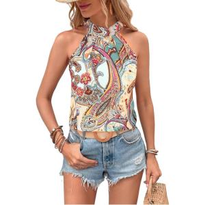 imageWomens Tropical Paisley Print Halter Blouse Sleeveless Boho Shirt Tops Button Back Vacation TopsMint Green