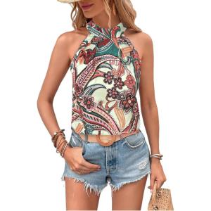 imageWomens Tropical Paisley Print Halter Blouse Sleeveless Boho Shirt Tops Button Back Vacation TopsMix Green
