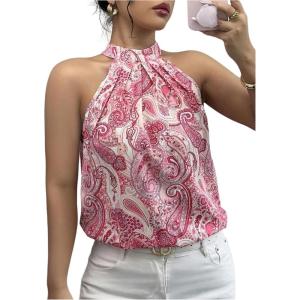 imageWomens Tropical Paisley Print Halter Blouse Sleeveless Boho Shirt Tops Button Back Vacation TopsMix Pink