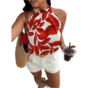 imageWomens Tropical Paisley Print Halter Blouse Sleeveless Boho Shirt Tops Button Back Vacation TopsMix Red