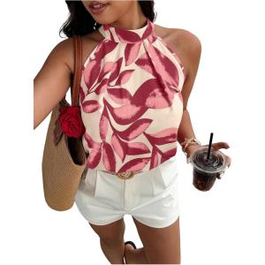 imageWomens Tropical Paisley Print Halter Blouse Sleeveless Boho Shirt Tops Button Back Vacation TopsMixture Pink