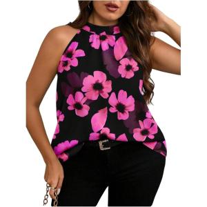 imageWomens Tropical Paisley Print Halter Blouse Sleeveless Boho Shirt Tops Button Back Vacation TopsPink and Black