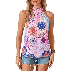 imageWomens Tropical Paisley Print Halter Blouse Sleeveless Boho Shirt Tops Button Back Vacation TopsPink and Blue