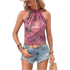 imageWomens Tropical Paisley Print Halter Blouse Sleeveless Boho Shirt Tops Button Back Vacation TopsPurple