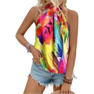imageWomens Tropical Paisley Print Halter Blouse Sleeveless Boho Shirt Tops Button Back Vacation TopsPurple Yellow