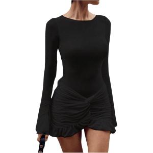 imageWomens Twist Knot Ruffle Ruched Bodycon Mini Dress Long Sleeve Crewneck Night Out Pencil DressesBlack