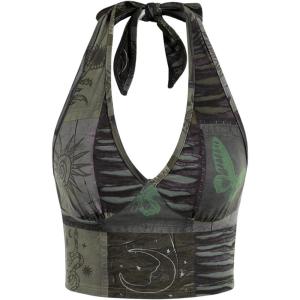 imageWomens Y2K Graphic Tie Backless Halter Top Slim Fit Sleeveless Camisole Crop Tops Going Out OutfitsGreen
