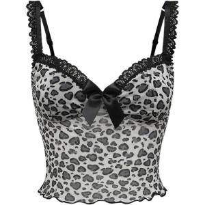 imageWomens Y2K Leopard Print Camisole Mesh Tops Streetwear Women Lace Trim Sleeveless Cami Shirts Clubwear Crop TopsBlack and White