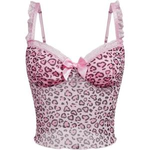 imageWomens Y2K Leopard Print Camisole Mesh Tops Streetwear Women Lace Trim Sleeveless Cami Shirts Clubwear Crop TopsPink