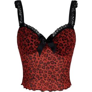 imageWomens Y2K Leopard Print Camisole Mesh Tops Streetwear Women Lace Trim Sleeveless Cami Shirts Clubwear Crop TopsRed