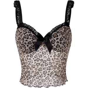 imageWomens Y2K Leopard Print Camisole Mesh Tops Streetwear Women Lace Trim Sleeveless Cami Shirts Clubwear Crop TopsYellow