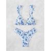 imageWomens 2 Piece Bikini Sets High Cut Ruffle Trim Triangle Floral Bathing Suit Wireless Tie Back SwimsuitBlue and White